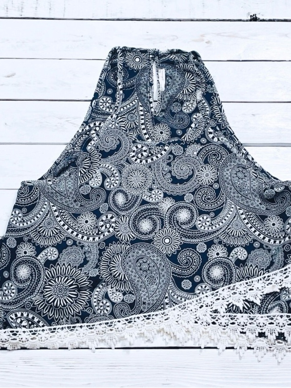 Romantic Bohemian Floral Halter Top Womens L Blue White Vacation Resortwear